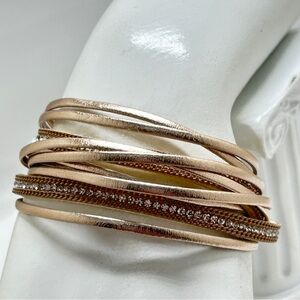 Gold Metallic Leather And Crystal Wrap Bracelet, Magnetic Closure, 5 Strands NWT